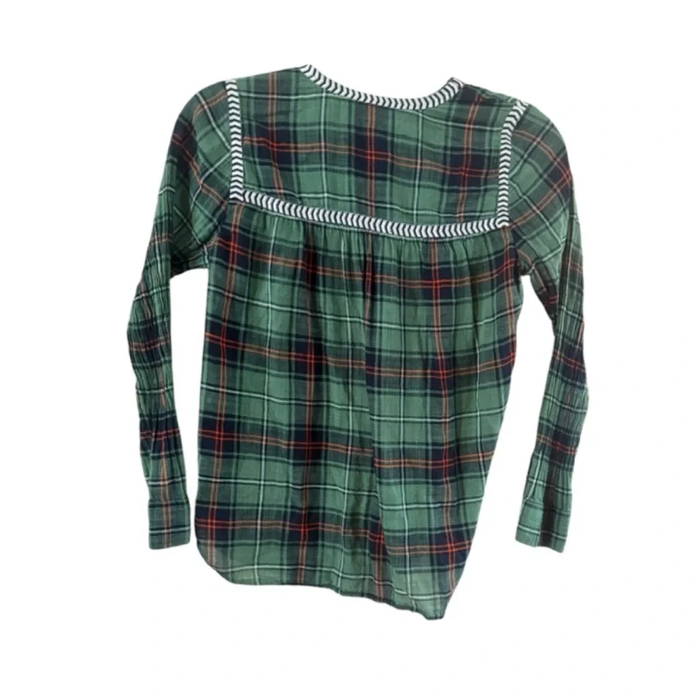 J. Crew Green Plaid Blouse with White Accents